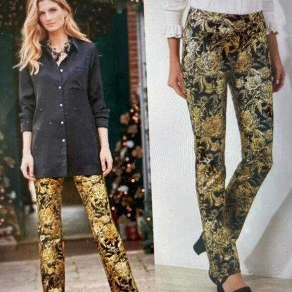 Soft Surroundings Black Gold Moonstruck Metallic Ponte Knit Pull-on Pants 1X - Picture 1 of 9